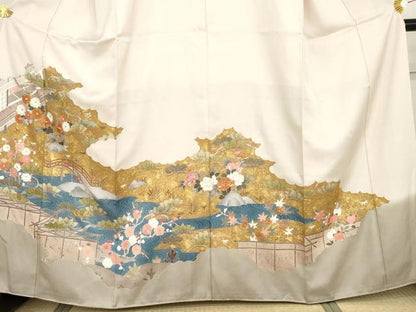 平和屋着物●豪華色留袖　友禅　駒刺繍　渡り橋松竹梅風景文　金彩　正絹　逸品　AABG7841cs