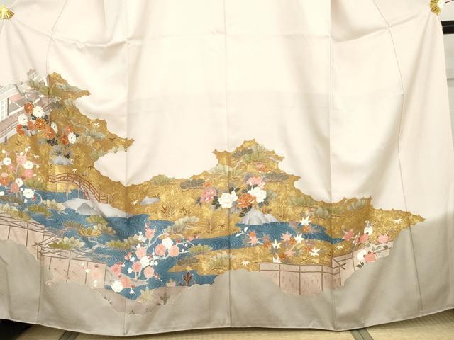平和屋着物●豪華色留袖　友禅　駒刺繍　渡り橋松竹梅風景文　金彩　正絹　逸品　AABG7841cs