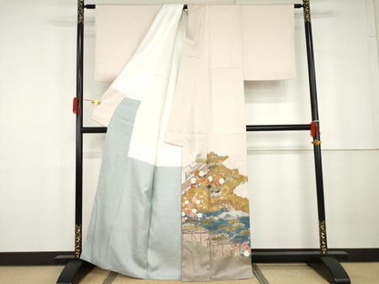 平和屋着物●豪華色留袖　友禅　駒刺繍　渡り橋松竹梅風景文　金彩　正絹　逸品　AABG7841cs