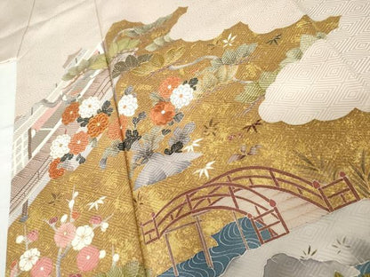 平和屋着物●豪華色留袖　友禅　駒刺繍　渡り橋松竹梅風景文　金彩　正絹　逸品　AABG7841cs