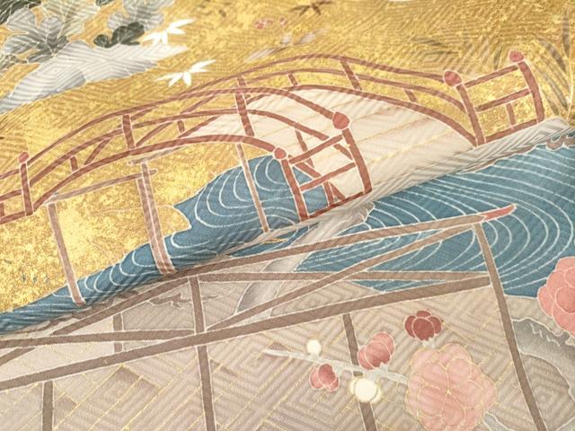 平和屋着物●豪華色留袖　友禅　駒刺繍　渡り橋松竹梅風景文　金彩　正絹　逸品　AABG7841cs