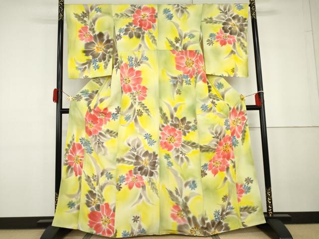 平和屋着物●上質な小紋　手描き　草花文　暈し染め　正絹　逸品　AABG7844cs
