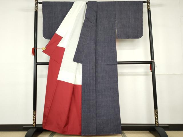 平和屋着物●本場結城紬　重要無形文化財　縞　証紙付き　正絹　逸品　未使用　AABG7852cs