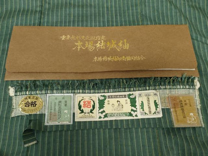 平和屋着物●本場結城紬　重要無形文化財　縞　証紙付き　正絹　逸品　未使用　AABG7853cs