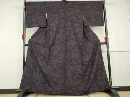 平和屋着物●結城紬　80亀甲　流水草花文　西武百貨店扱い　正絹　逸品　AABG7867cs