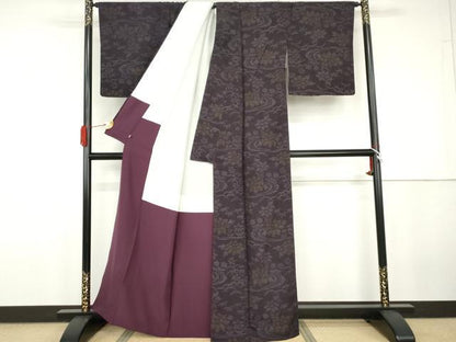 平和屋着物●結城紬　80亀甲　流水草花文　西武百貨店扱い　正絹　逸品　AABG7867cs