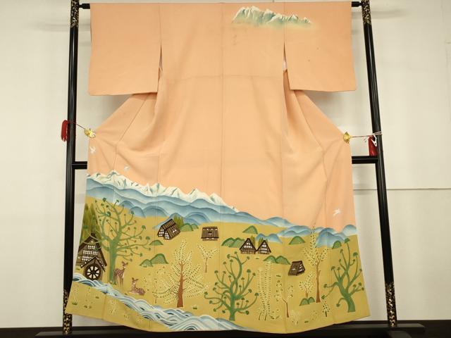 平和屋着物●訪問着　手描き　樹林風景飛鳥文　鹿　正絹　逸品　AABG7872cs