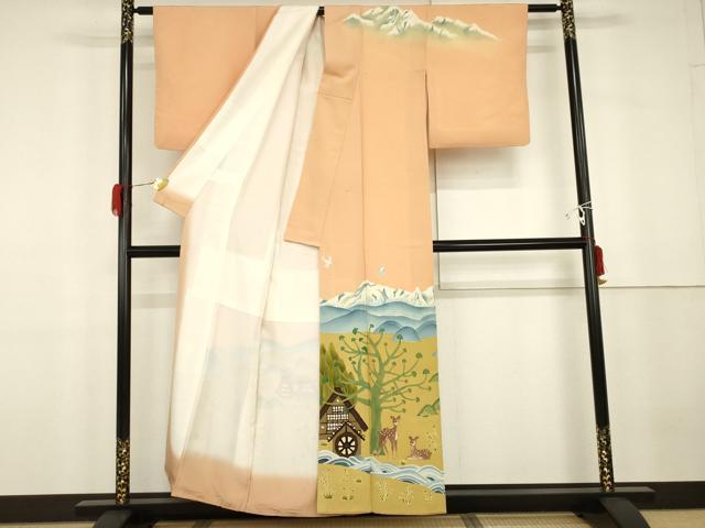 平和屋着物●訪問着　手描き　樹林風景飛鳥文　鹿　正絹　逸品　AABG7872cs