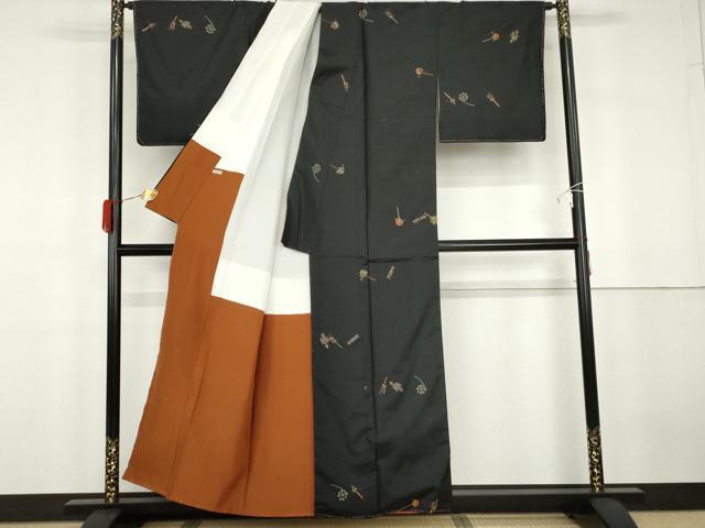 平和屋着物●総刺繍　紬　玩具文　黒地　金糸　正絹　逸品　未使用　AABG7874cs
