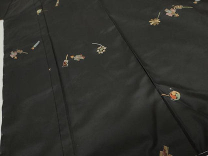 平和屋着物●総刺繍　紬　玩具文　黒地　金糸　正絹　逸品　未使用　AABG7874cs