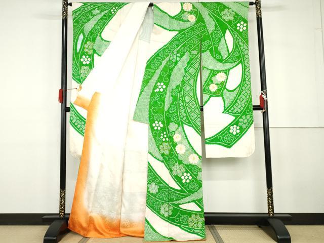 平和屋着物●豪華振袖　駒刺繍　絞り　束ね熨斗花唐草文　金糸　正絹　逸品　AABG7879cs