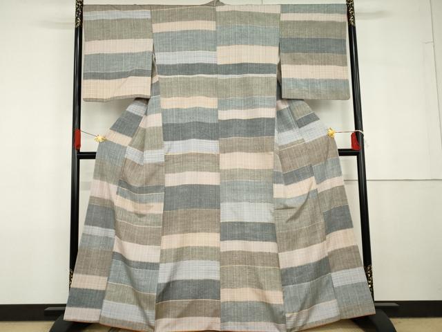 平和屋着物●ぜんまい紬　変わり横段文　正絹　逸品　AABG7899cs