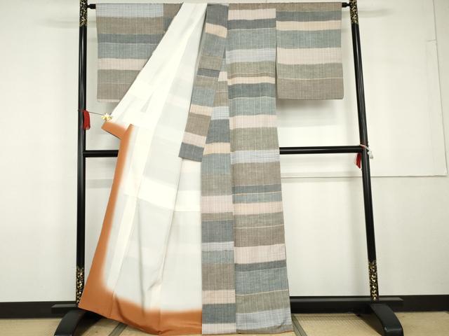 平和屋着物●ぜんまい紬　変わり横段文　正絹　逸品　AABG7899cs