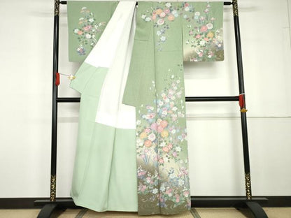 平和屋着物●訪問着　枝花文　暈し染め　金銀糸　正絹　逸品　AABG7911cs