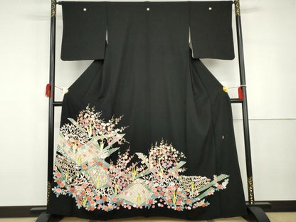 平和屋着物●本加賀友禅作家　東藤岳　黒留袖　笹梅花文　正絹　逸品　AABG7993cs
