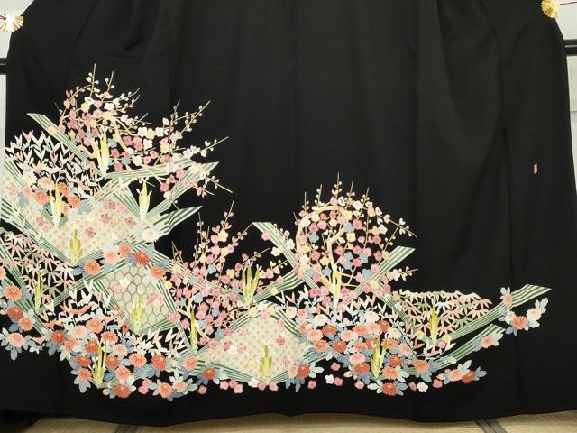 平和屋着物●本加賀友禅作家　東藤岳　黒留袖　笹梅花文　正絹　逸品　AABG7993cs