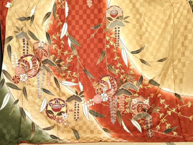 平和屋着物●豪華振袖　駒刺繍　雪輪花蝶丸文　暈し染め　金彩　三越扱い　正絹　逸品　AABG8003cs