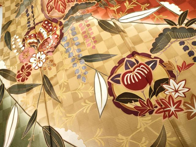 平和屋着物●豪華振袖　駒刺繍　雪輪花蝶丸文　暈し染め　金彩　三越扱い　正絹　逸品　AABG8003cs