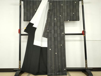 平和屋着物●上質な小紋　雪輪文　黒地　正絹　逸品　AABG8017cs