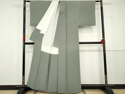 平和屋着物●上質な色無地　青白橡色　浜ちりめん　反端付き　正絹　逸品　未使用　AABG8021cs