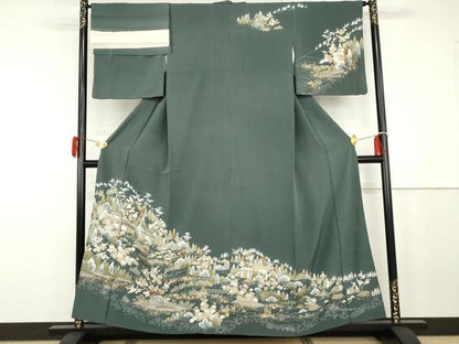 平和屋着物●訪問着　友禅　風景梅松花文　金彩　反端付き　正絹　逸品　AABG8022cs