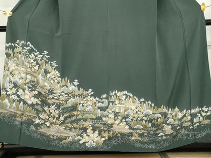 平和屋着物●訪問着　友禅　風景梅松花文　金彩　反端付き　正絹　逸品　AABG8022cs