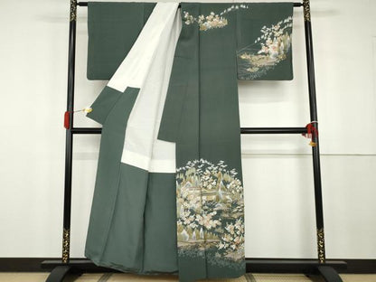 平和屋着物●訪問着　友禅　風景梅松花文　金彩　反端付き　正絹　逸品　AABG8022cs