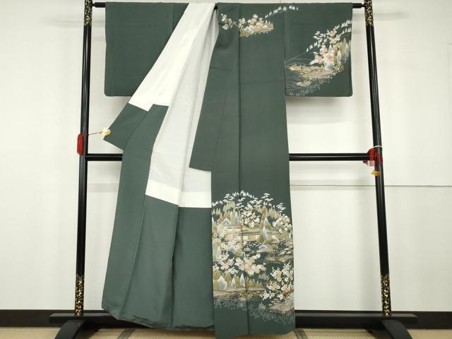 平和屋着物●訪問着　友禅　風景梅松花文　金彩　反端付き　正絹　逸品　AABG8022cs