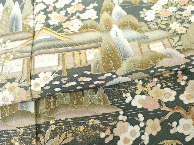 平和屋着物●訪問着　友禅　風景梅松花文　金彩　反端付き　正絹　逸品　AABG8022cs