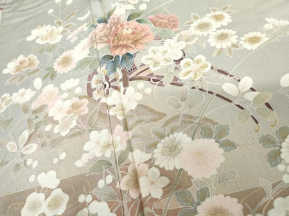 平和屋着物●訪問着　友禅　流水花車文　暈し染め　金銀彩　正絹　逸品　AABG8026cs