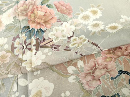 平和屋着物●訪問着　友禅　流水花車文　暈し染め　金銀彩　正絹　逸品　AABG8026cs