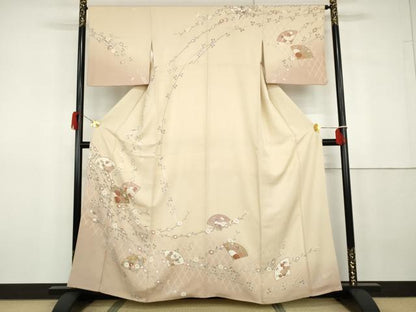 平和屋着物●訪問着　友禅　扇面枝花文　暈し染め　金彩　正絹　逸品　AABG8030cs