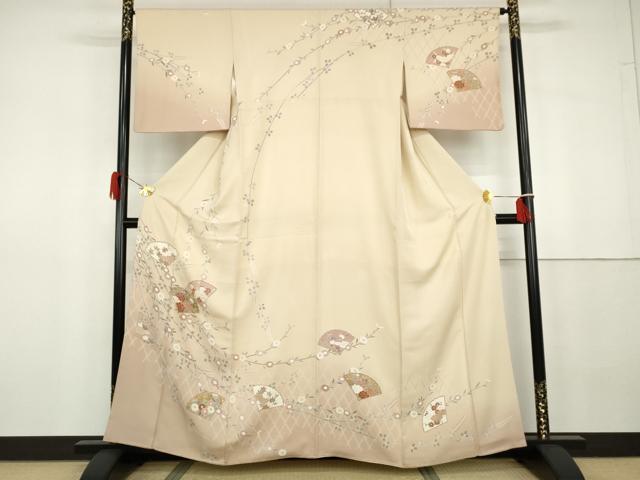 平和屋着物●訪問着　友禅　扇面枝花文　暈し染め　金彩　正絹　逸品　AABG8030cs