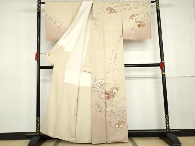 平和屋着物●訪問着　友禅　扇面枝花文　暈し染め　金彩　正絹　逸品　AABG8030cs