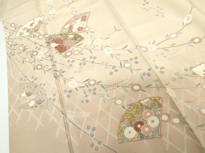平和屋着物●訪問着　友禅　扇面枝花文　暈し染め　金彩　正絹　逸品　AABG8030cs