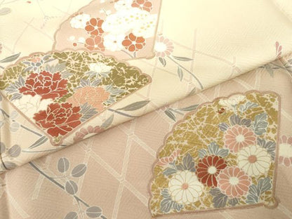 平和屋着物●訪問着　友禅　扇面枝花文　暈し染め　金彩　正絹　逸品　AABG8030cs