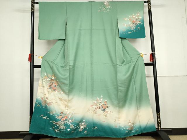 平和屋着物●訪問着　友禅　刺繍　流水松竹梅花文　暈し染め　金糸　金彩　正絹　逸品　未使用　AABG8031cs