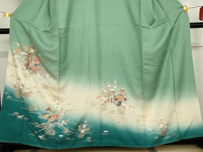 平和屋着物●訪問着　友禅　刺繍　流水松竹梅花文　暈し染め　金糸　金彩　正絹　逸品　未使用　AABG8031cs