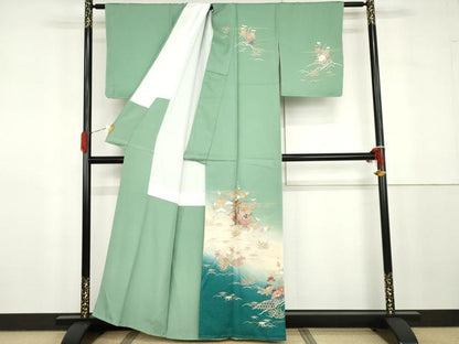 平和屋着物●訪問着　友禅　刺繍　流水松竹梅花文　暈し染め　金糸　金彩　正絹　逸品　未使用　AABG8031cs