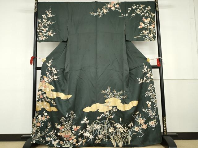 平和屋着物●訪問着　駒刺繍　雲取り枝花文　金彩　正絹　逸品　AABG8040cs