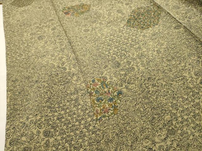 平和屋着物■上質な小紋 更紗花文 鬼しぼ縮緬 正絹 逸品 AABG8046sx