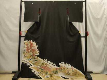 平和屋着物■アンティーク　大正ロマン　黒留袖　刺繍　孔雀花文　金銀糸　銀彩　正絹　逸品　AABG8177sx