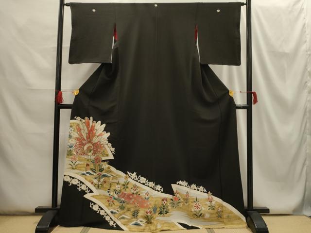 平和屋着物■アンティーク　大正ロマン　黒留袖　刺繍　孔雀花文　金銀糸　銀彩　正絹　逸品　AABG8177sx