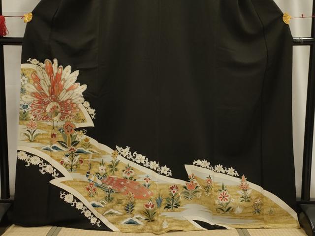 平和屋着物■アンティーク　大正ロマン　黒留袖　刺繍　孔雀花文　金銀糸　銀彩　正絹　逸品　AABG8177sx