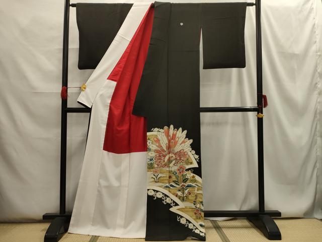 平和屋着物■アンティーク　大正ロマン　黒留袖　刺繍　孔雀花文　金銀糸　銀彩　正絹　逸品　AABG8177sx