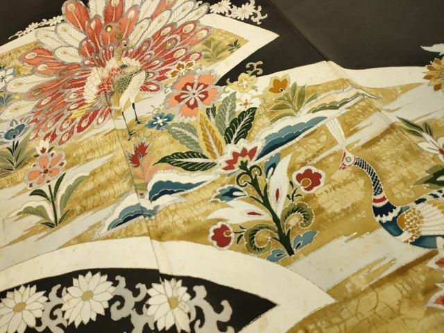 平和屋着物■アンティーク　大正ロマン　黒留袖　刺繍　孔雀花文　金銀糸　銀彩　正絹　逸品　AABG8177sx