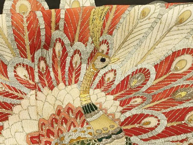 平和屋着物■アンティーク　大正ロマン　黒留袖　刺繍　孔雀花文　金銀糸　銀彩　正絹　逸品　AABG8177sx