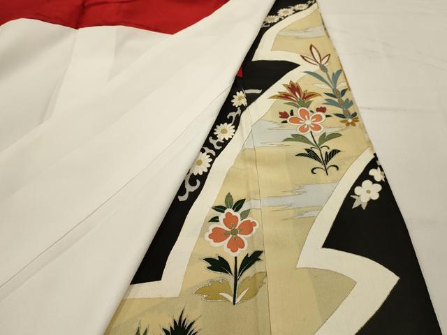平和屋着物■アンティーク　大正ロマン　黒留袖　刺繍　孔雀花文　金銀糸　銀彩　正絹　逸品　AABG8177sx
