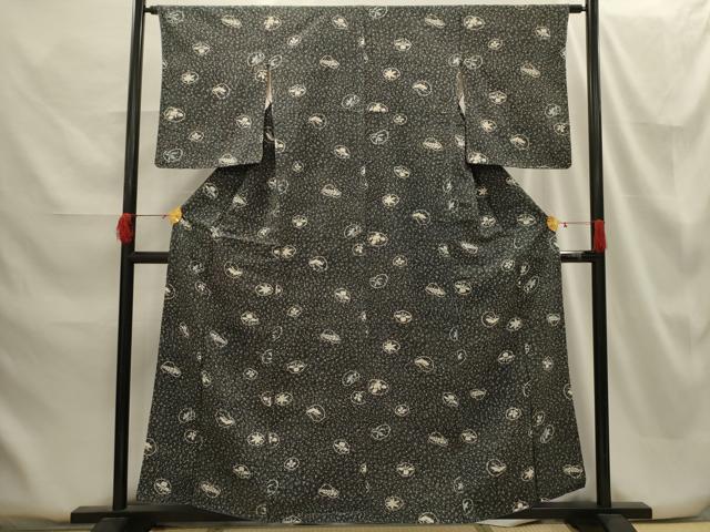平和屋着物■上質な小紋 草花丸文 黒地 正絹 逸品 AABG8223sx