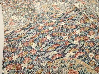 平和屋着物■上質な小紋 扇面風景花文 鬼しぼ縮緬 正絹 逸品 AABG8224sx